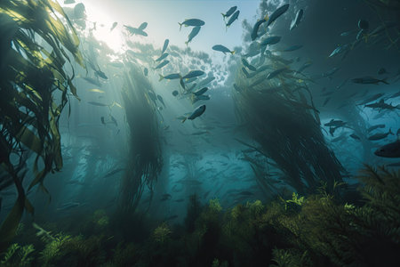 giant kelp forest with schools of fish swimming among the foliage, created with generative aiの素材