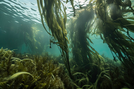 close-up of kelp forest, with single strand and delicate fronds, created with generative aiの素材