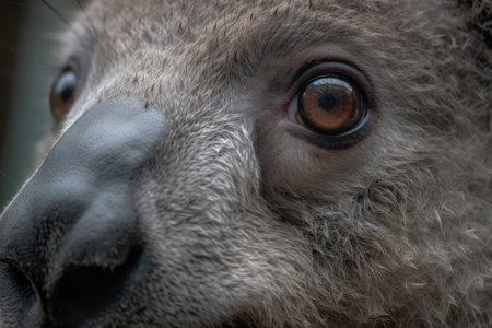 close-up of koalas face, with its eyes and nose visible, created with generative aiの素材