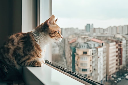 cat sitting on windowsill, looking out at the cityscape, created with generative aiの素材