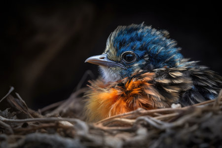 newborn bird with blue, yellow and orange feathers in its nest, created with generative aiの素材