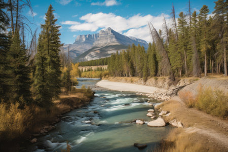 off-the-beaten-path destination with a view of rugged mountains and rushing rivers, created with generative aiの素材