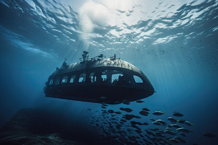 submersible surrounded by school of fish swimming in the depths, created with generative aiの素材