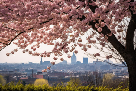 cherry blossom tree in full bloom, with city skyline visible in the background, created with generative aiの素材