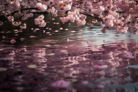 cherry blossom petals floating on tranquil lake, created with generative aiの素材