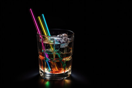 glass of colorful cocktail with straw, on black background, created with generative aiの素材