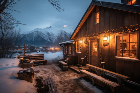 cozy cabin retreat, with warm fire and lanterns, surrounded by snow-capped mountains, created with generative aiの素材