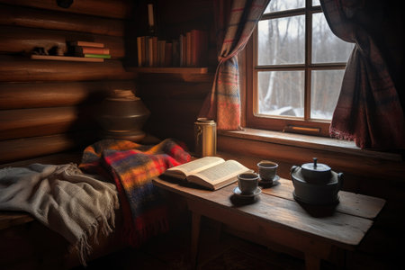 cozy cabin with stack of books and hot cup of tea on the side table, created with generative aiの素材