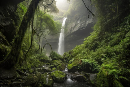 majestic waterfall cascading into a deep and misty ravine, created with generative aiの素材