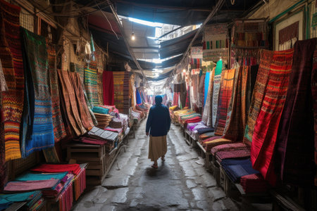 person, walking through bazaar, with stalls on either side and colorful merchandise visible, created with generative aiの素材