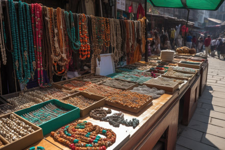 handmade jewelry and accessories stall in bustling market, created with generative aiの素材