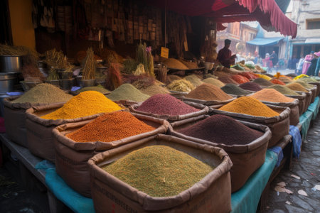 street market with a variety of spices and herbs, including saffron, turmeric, and cinnamon, created with generative aiの素材