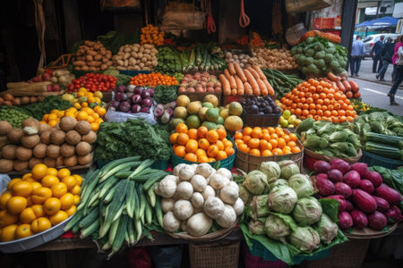 close-up of fruits or vegetables in bustling market, created with generative aiの素材
