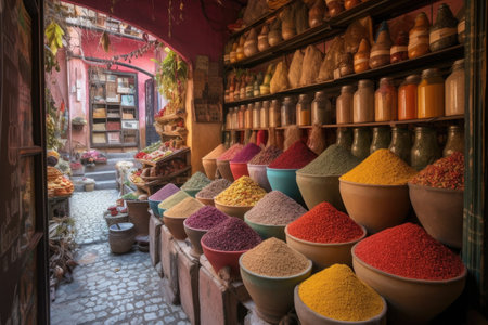 colorful stall with eclectic mix of spices and herbs, created with generative aiの素材