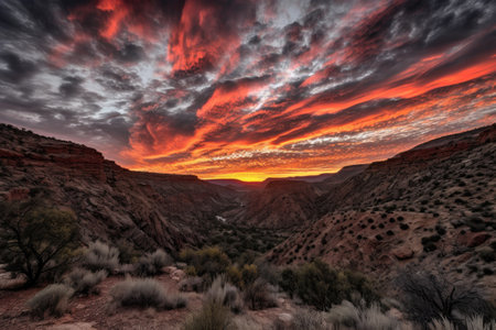 fiery canyon sunset, with silhouetted clouds and dramatic sky, created with generative aiの素材