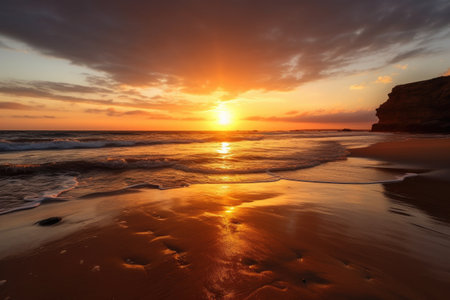 golden beach at sunset, with vibrant sky and the sun setting behind the horizon, created with generative aiの素材