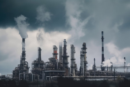 chemical plant with smoke billowing from the chimneys, symbolizing industry and progress, created with generative aiの素材