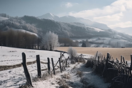 beautiful winter landscape, with snow covered fields and mountains in the background, created with generative aiの素材