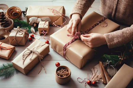 person, wrapping presents with festive paper and ribbon, created with generative aiの素材