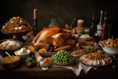 christmas dinner, with turkey, stuffing, and other holiday favorites on the table, created with generative aiの素材