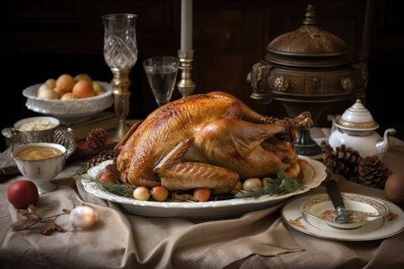 classic christmas dinner, with roasted turkey and stuffing, on vintage tablecloth, created with generative aiの素材