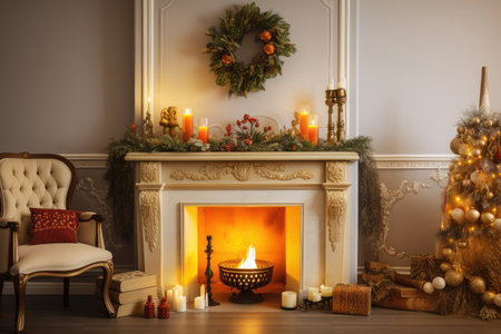 a fireplace with a warm and inviting fire, surrounded by festive ornaments and candles, created with generative aiの素材