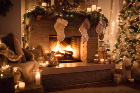 a warm and cozy fireplace decorated with stockings, candles, ornaments, and other twinkly holiday touches, created with generative aiの素材