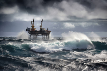 offshore oil platform in the midst of a stormy sea, created with generative aiの素材