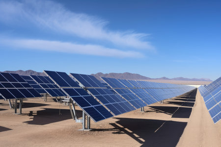 solar farm, with rows of solar panels and turbines in the background, created with generative aiの素材