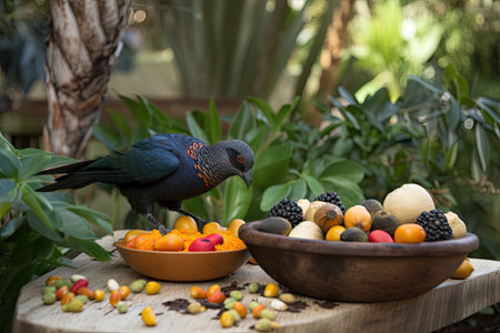exotic bird feeding on fruit or berries in garden setting, created with generative aiの素材