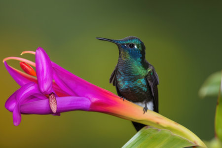fiery-throated hummingbird, perching on exotic orchid, created with generative aiの素材