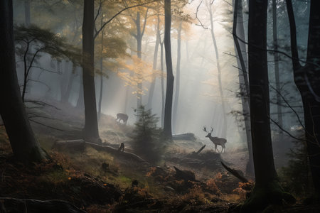 foggy forest with glimpses of magical creatures hidden in the mist, created with generative aiの素材
