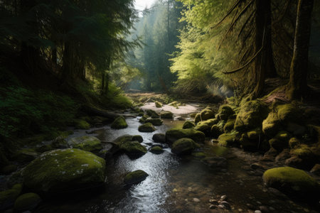 forest , with crystal-clear stream flowing through the scene, created with generative aiの素材