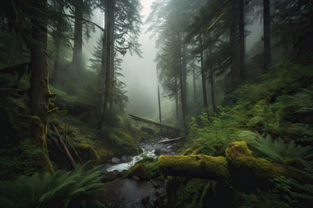 forest with towering trees and hidden waterfalls, surrounded by mist, created with generative aiの素材