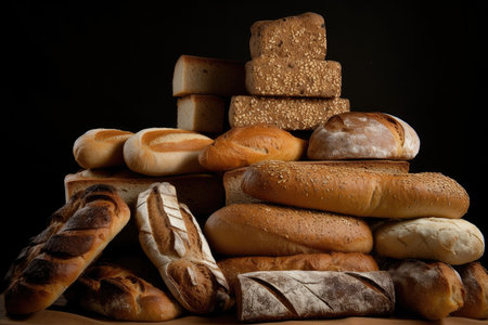 stacks of different types of bread, each with its own distinctive crust and crumb, created with generative aiの素材