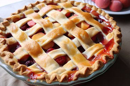 fruit pie with lattice top and crisscross fruit filling, created with generative aiの素材