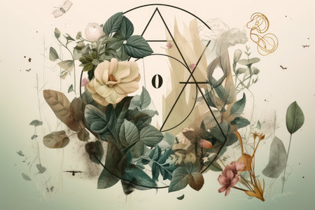 geometric typeface surrounded by abstract nature and botanical illustrations, created with generative aiの素材