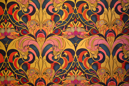 psychedelic patterned wallpaper, with a hint of gold leaf, created with generative aiの素材