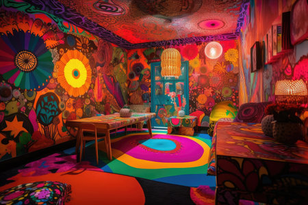 room decorated with vibrant and psychedelic patterns inspired by hallucinogenic plants, created with generative aiの素材