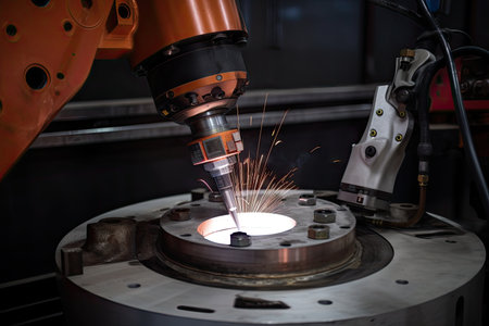 industrial robot arm welding plate to fix leak in pipe, created with generative aiの素材