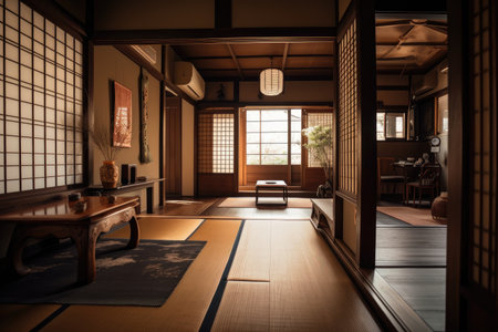 japanese style interior with warm wooden floors and natural light, created with generative aiの素材