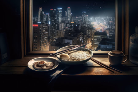 beautiful night scene with view of the city, with ramen bowl and chopsticks in the foreground, created with generative aiの素材