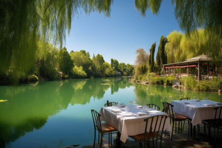 an idyllic setting with clear blue skies, green trees, and a tranquil lake for al fresco dining, created with generative aiの素材