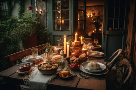 dinner party with al fresco dining, candles and wine glasses on the table, created with generative aiの素材