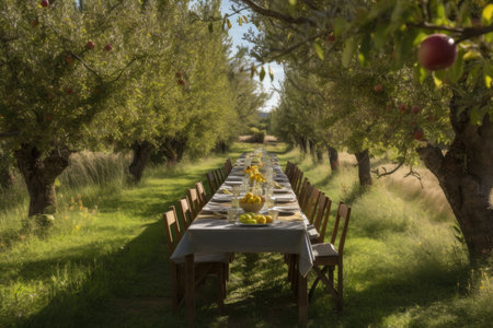 dining experience in the heart of an orchard, surrounded by fruit trees, created with generative aiの素材