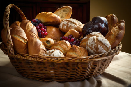 basket of assorted artisan breads, ready for a tasty and satisfying meal, created with generative aiの素材