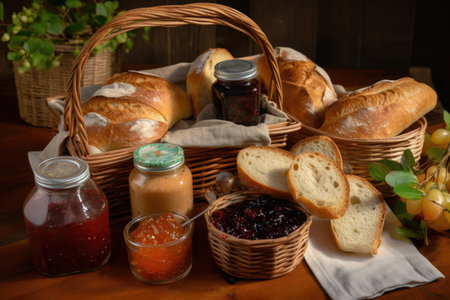 basket of rustic, crusty breads, paired with assortment of jams and spreads, created with generative aiの素材