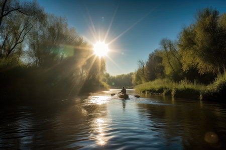 canoeist paddling down a tranquil river, with the sun shining overhead, created with generative aiの素材