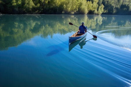canoeist paddling through still, glassy waters, created with generative aiの素材