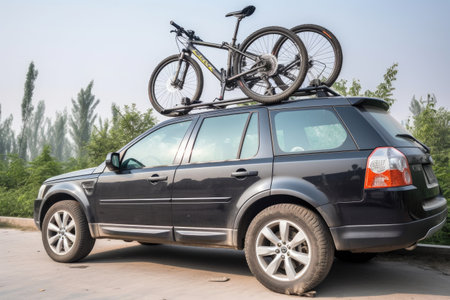 car with roof rack and bike on top for convenient and eco-friendly transportation, created with generative aiの素材